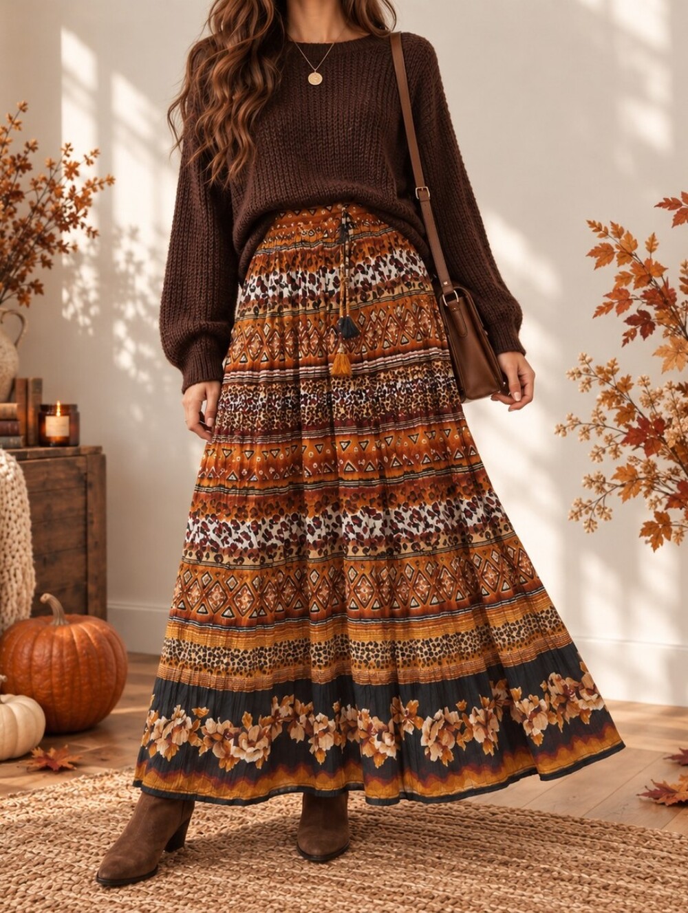 LD & Co Boho Tiered Maxi Skirt Brown Rust Animal Print Small